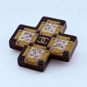 CHANEL Black and Gold Cross Brooch